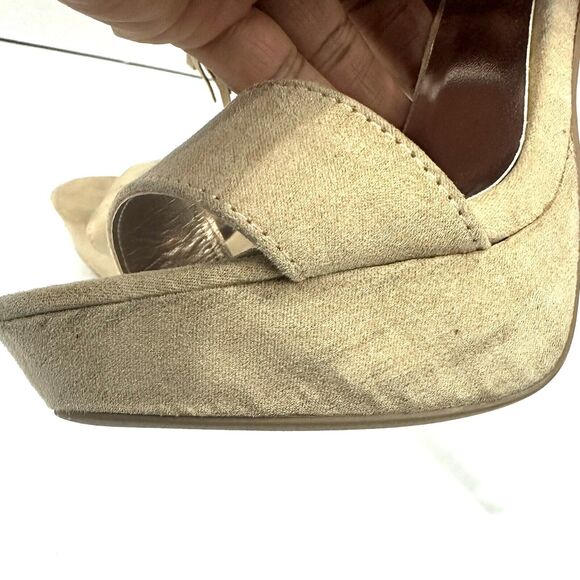 QUPID Womens Shoes Size 6 Fringe Ankle Open Toe Taupe Zip Closure Platform Heels - Picture 14 of 16